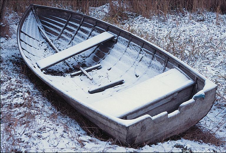 Snow-covered rowboat, lake Roxen